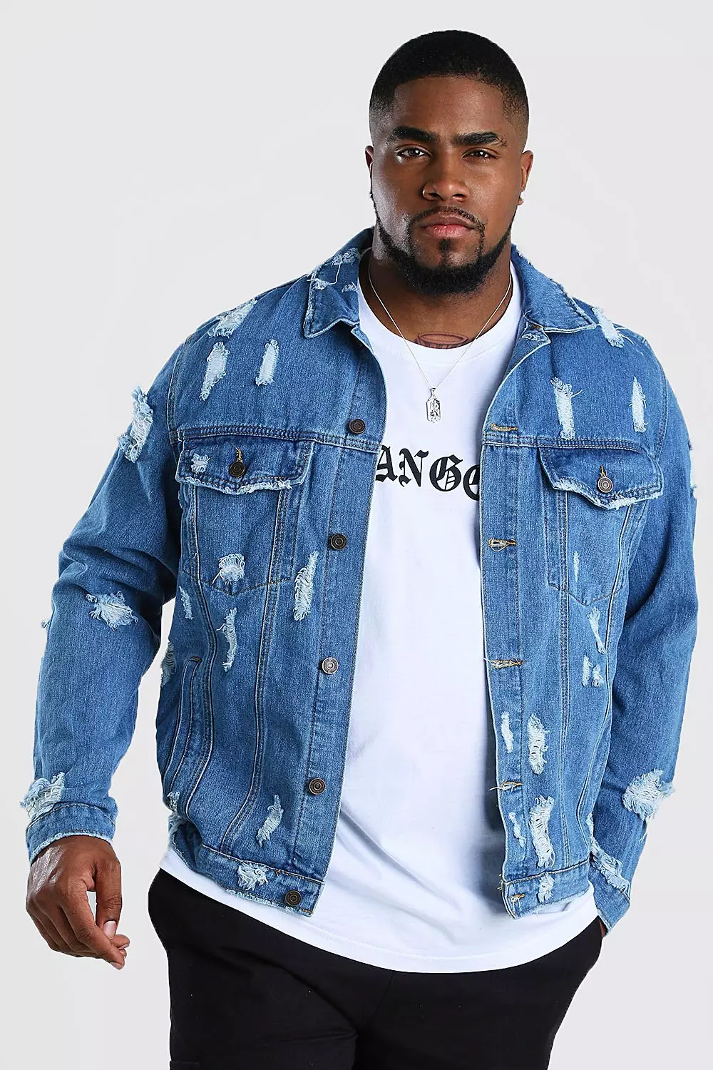 Plus Size Distressed Denim Jacket boohooMAN UK